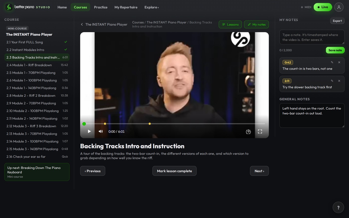 A lesson in the Studio: the video, the unit beside it, and two timestamped notes